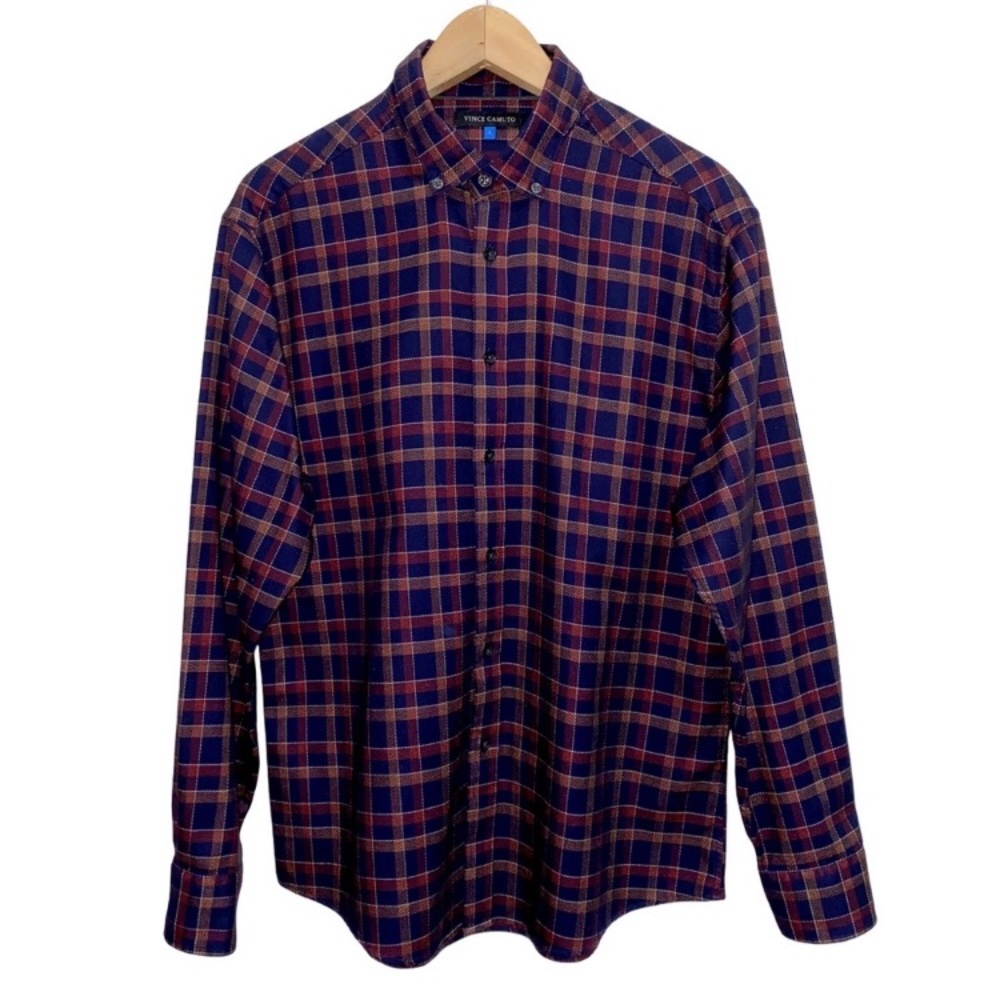 Vince Camuto Plaid Button Up Shirt Navy Red Orange